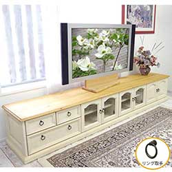 テレビボード巾240cm(ミルキーホワイト色)|ガラス扉|リング取手